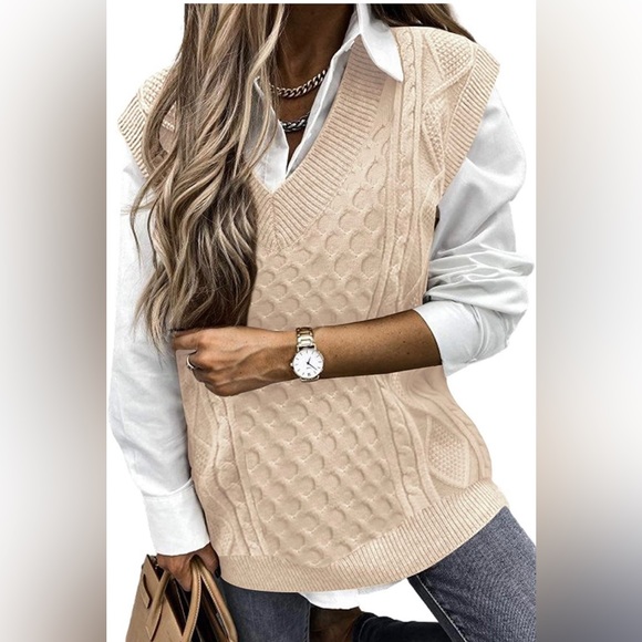 Risesun Women's Cable Knit Oversized Cropped Argyle Sweater Vest V-Neck New Tag - Picture 8 of 8